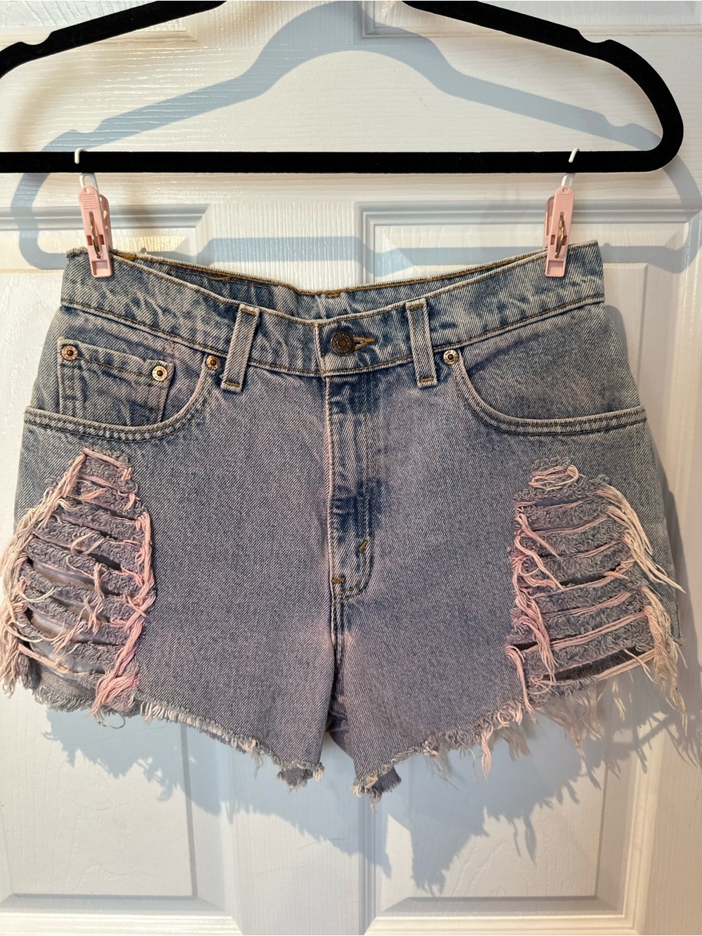 Levi's 550 Light Blue Denim Shorts with Pink Distressed Fringe